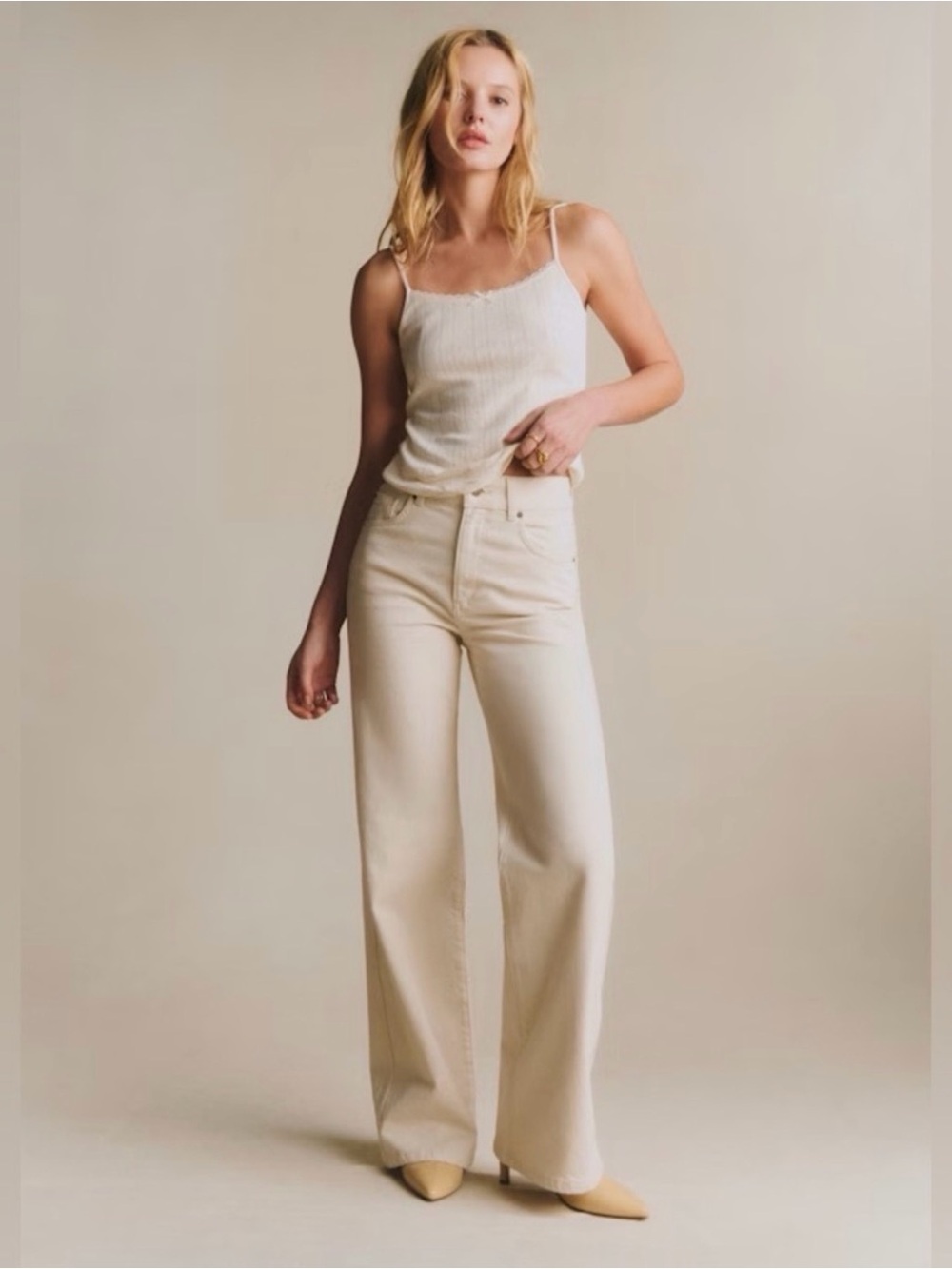 Sezane New 70's Trousers Mottled Ecru - Size 8